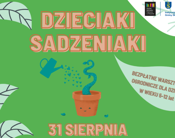 Plakat promujący warsztaty ogrodnicze z datą i logotypem MBP w Skawinie.